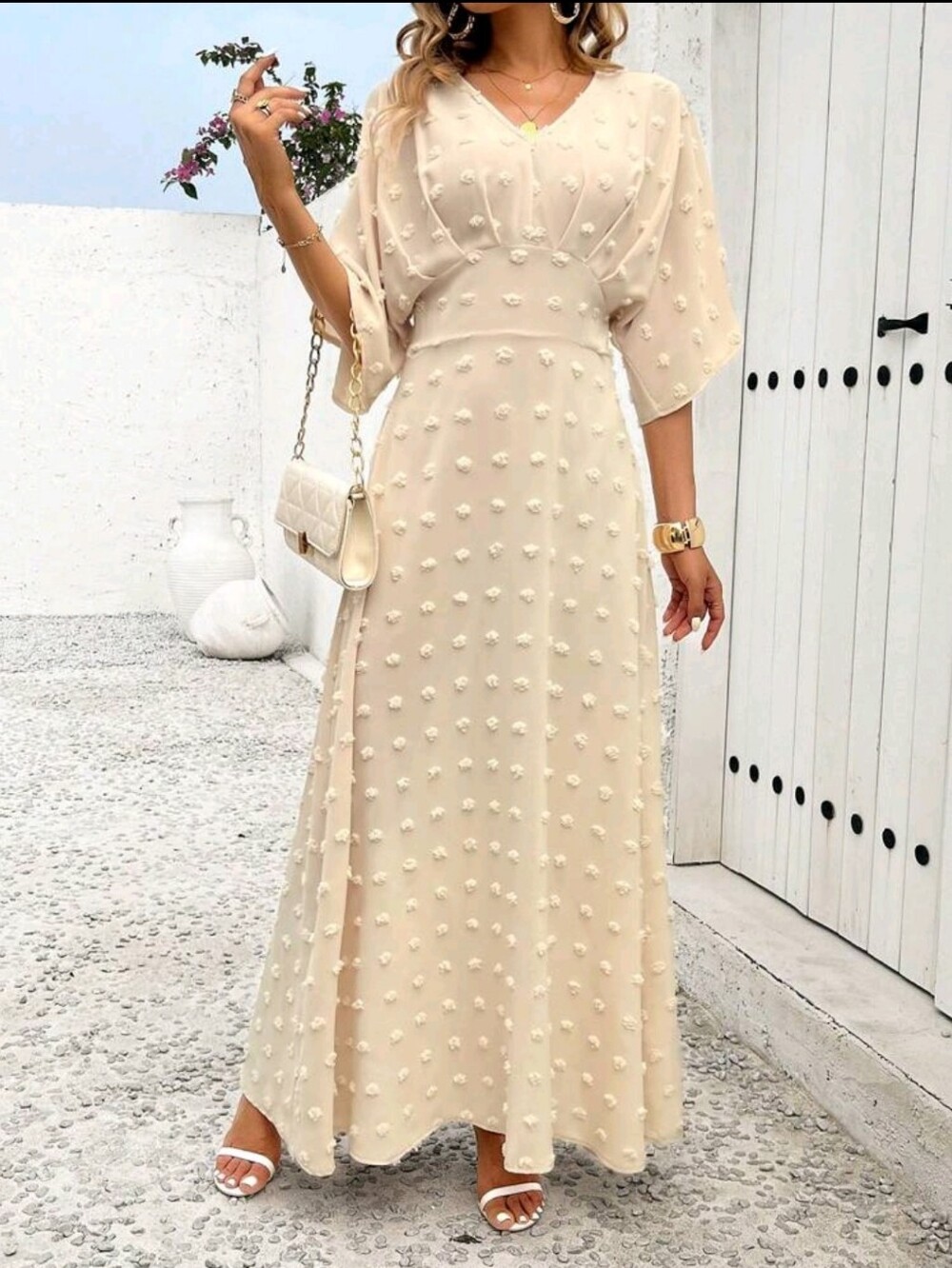 Elegant Cream Maxi Dress with Textured Dot Detail - Picture 3 of 7